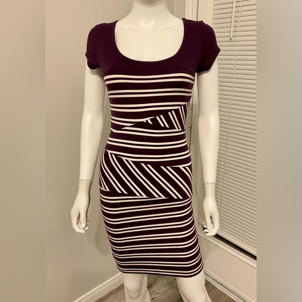 Guess striped bodycon dress.  purple and white.  crush -S.  short sleeve.